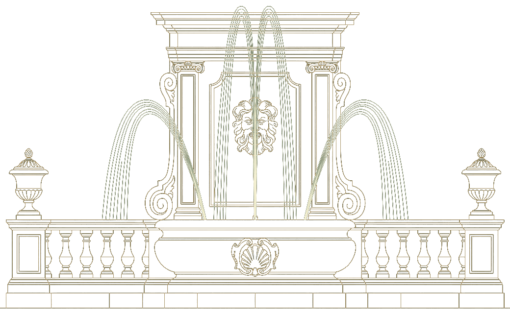 An engraved baroque garden fountain, complete and in full play.