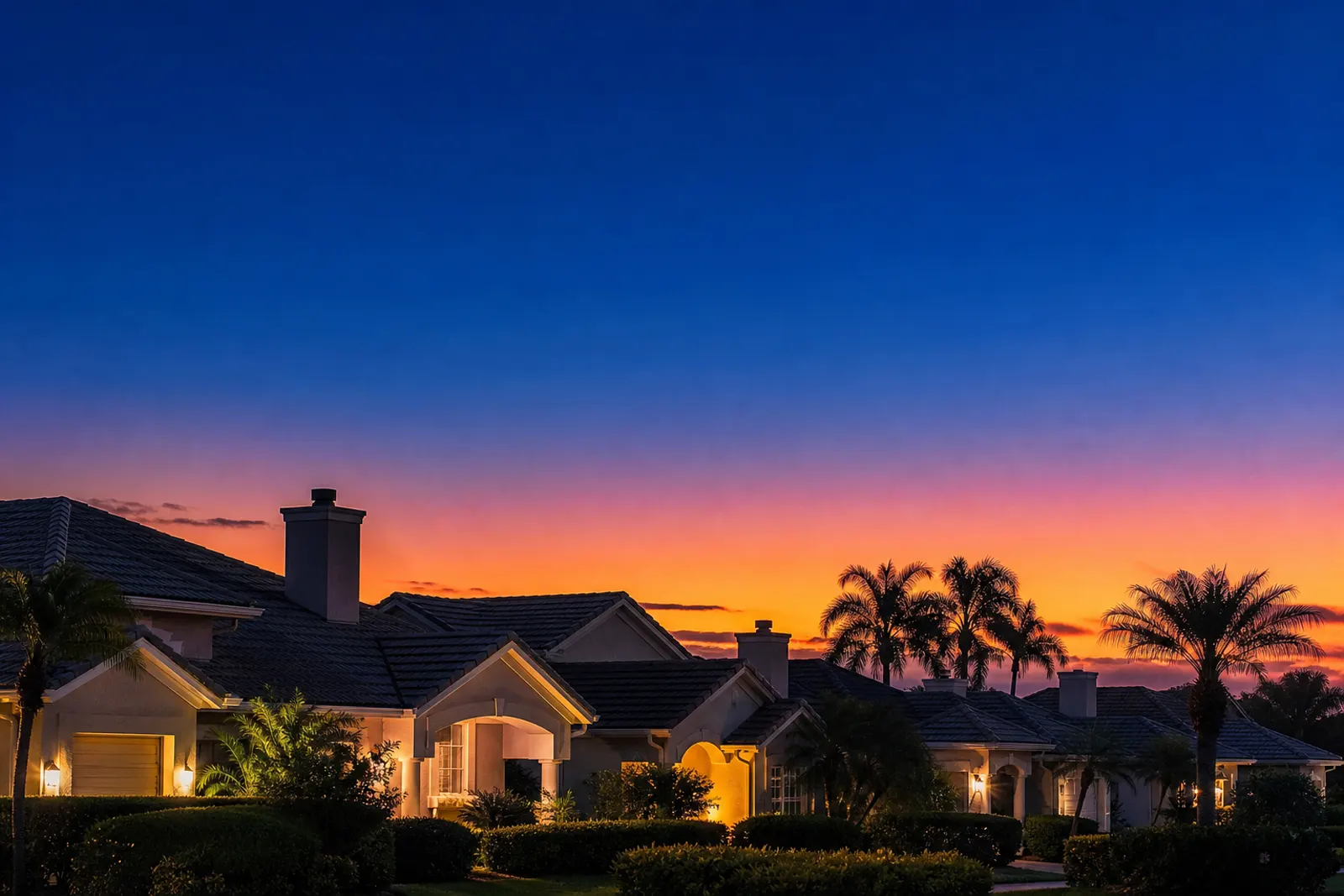 A row of Florida homes and palm trees at dawn, the sky orange behind them.