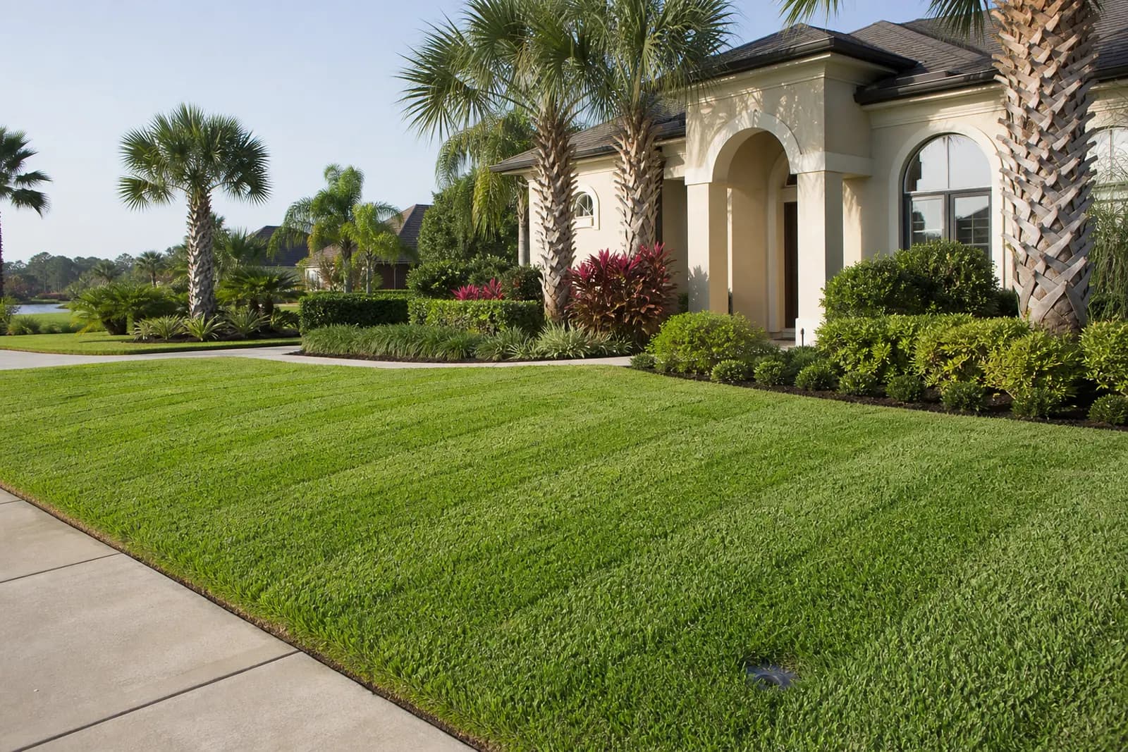 A freshly striped front lawn and trimmed hedges in front of a house with palm trees.