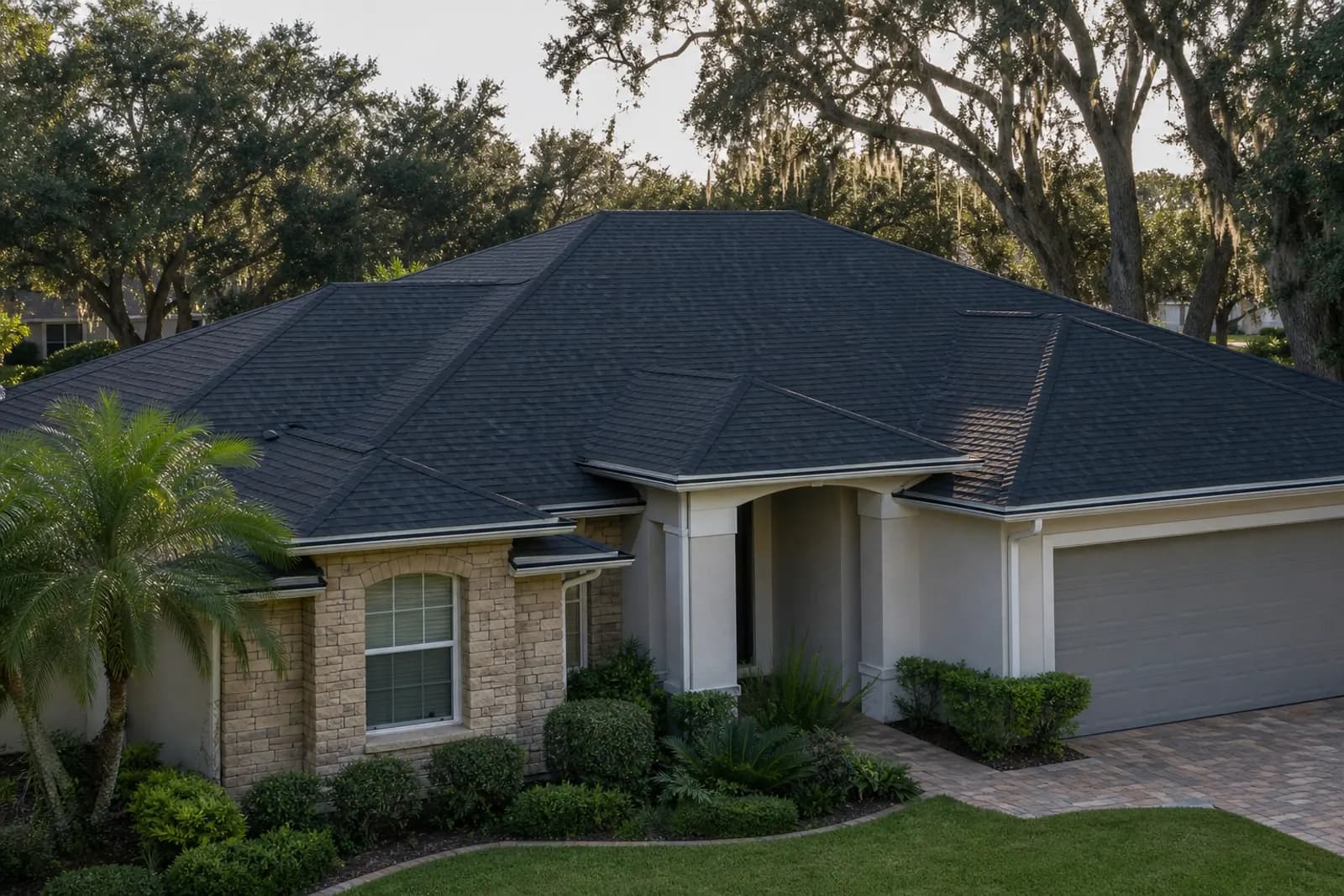A single-story house with a dark shingle roof and a tidy front garden.