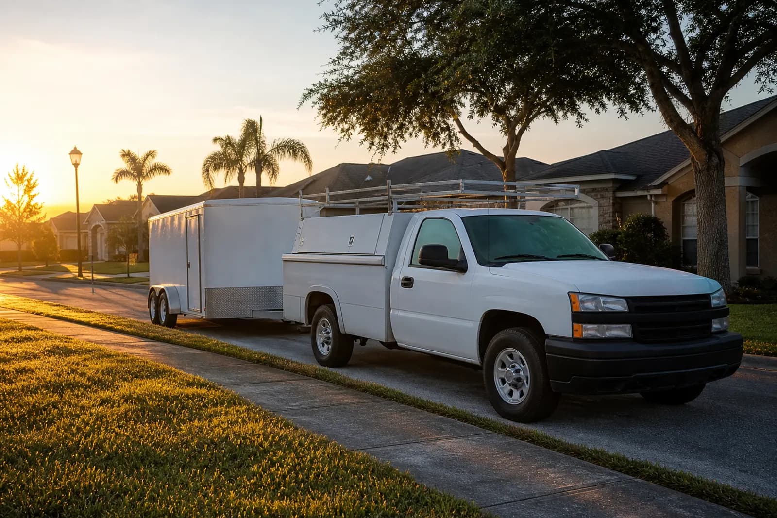A white service pickup and enclosed trailer parked on a residential street at sunrise.